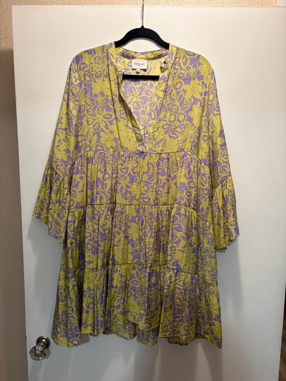 Choklate  Yellow and Lavender Floral Tiered Tunic Dress